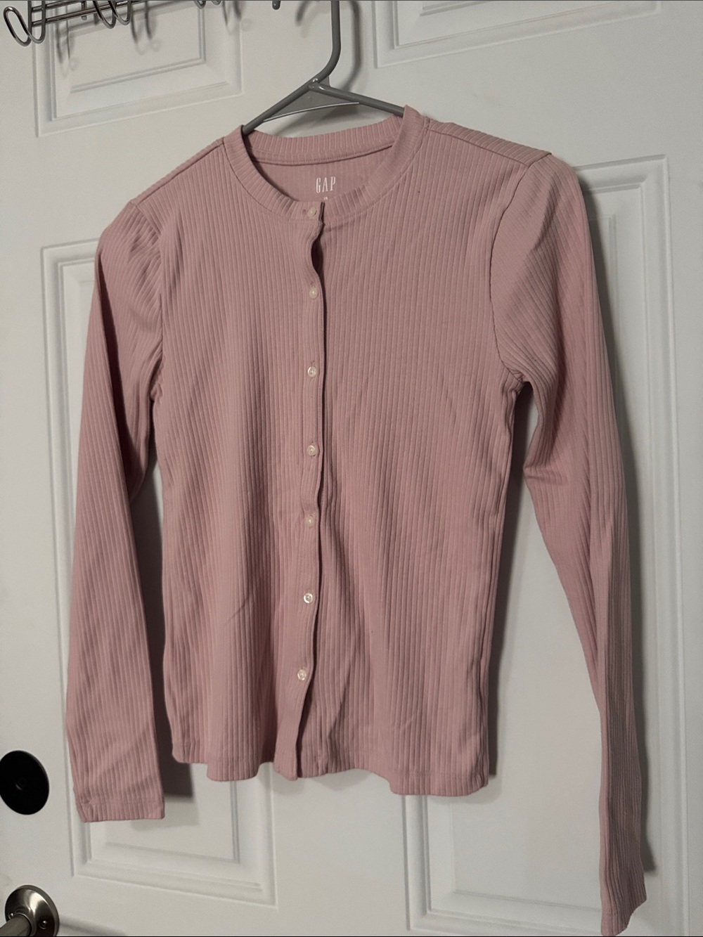 GAP Ribbed Button-Front Long Sleeve Top in Light Pink